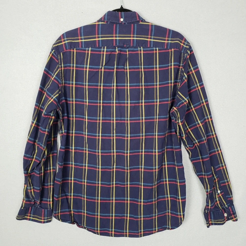 JCrew Long Sleeve Oxford Shirt Navy Blue Windowpane Plaid Office Casual Cotton L